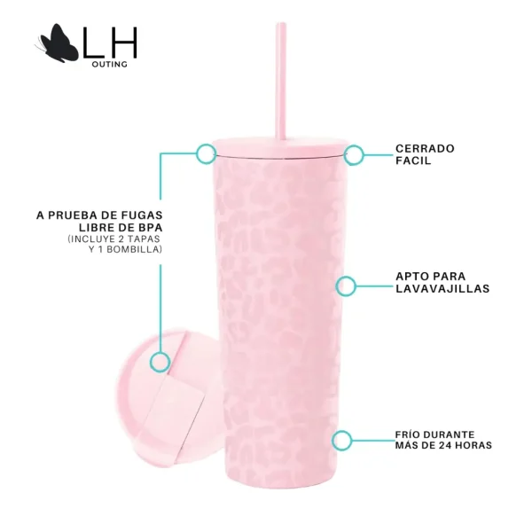 Vaso Térmico 700ml con 2 Tapas - Rosado Leop - Imagen 2