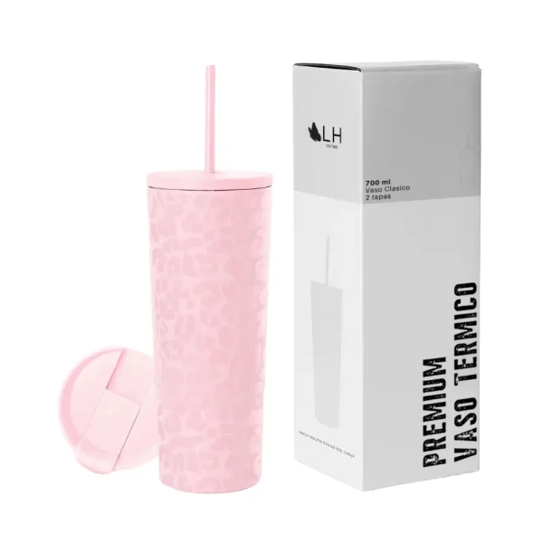 Vaso Térmico 700ml con 2 Tapas - Rosado Leop