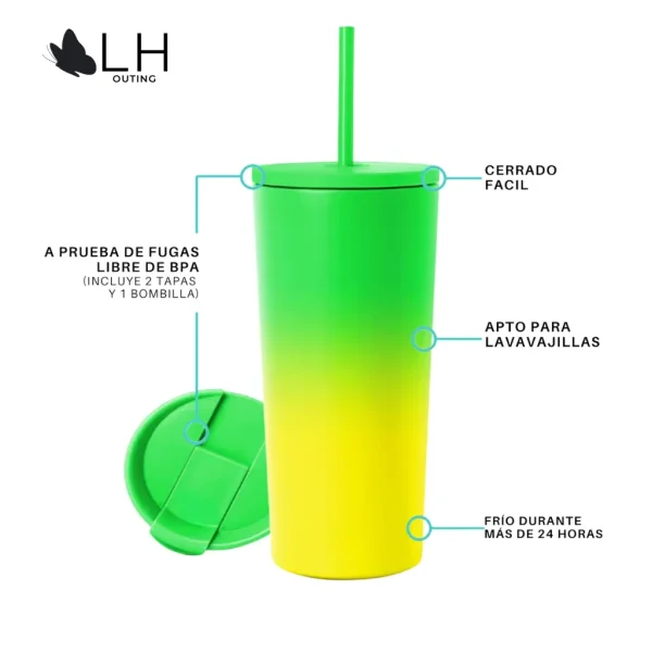 Vaso Térmico 700ml con 2 Tapas - Verde Limon - Imagen 2