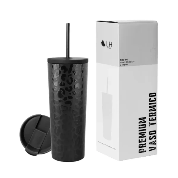 Vaso Térmico 700ml con 2 Tapas - Negro Leop