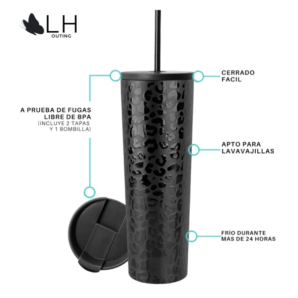 Vaso Térmico 700ml con 2 Tapas - Negro Leop - Imagen 3