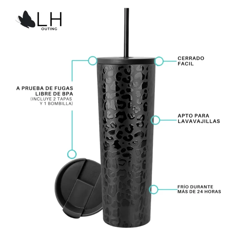 Vaso Térmico 700ml con 2 Tapas - Negro Leop - Imagen 3
