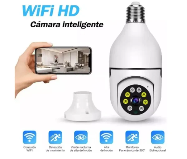 Cámara Foco De Seguridad HD Panorámica 360° con WiFi y Detección de Movimiento - Imagen 2