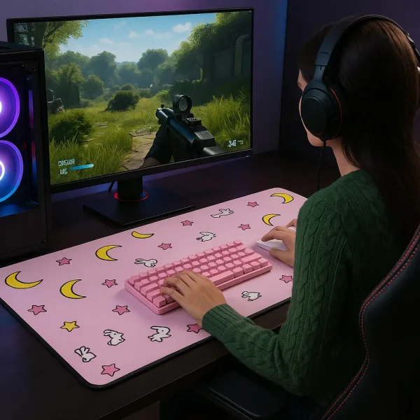 Mousepad Gamer Rosa XL | Diseño Kawaii con Conejitos y Estrellas 90x40 cm