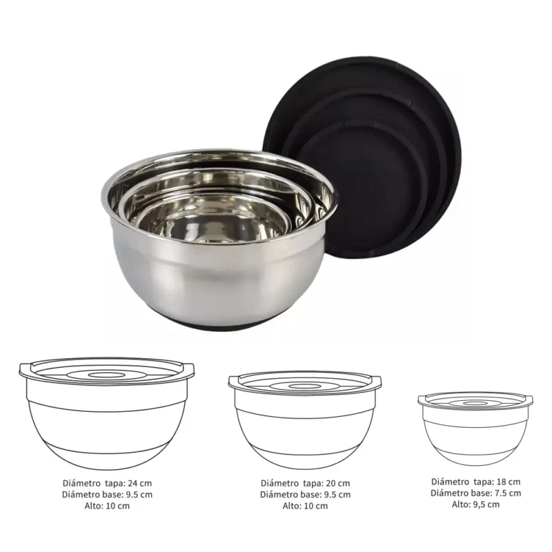 Set de Bowls de Acero Inoxidable con Tapa Hermética y Base Antideslizante - Imagen 3